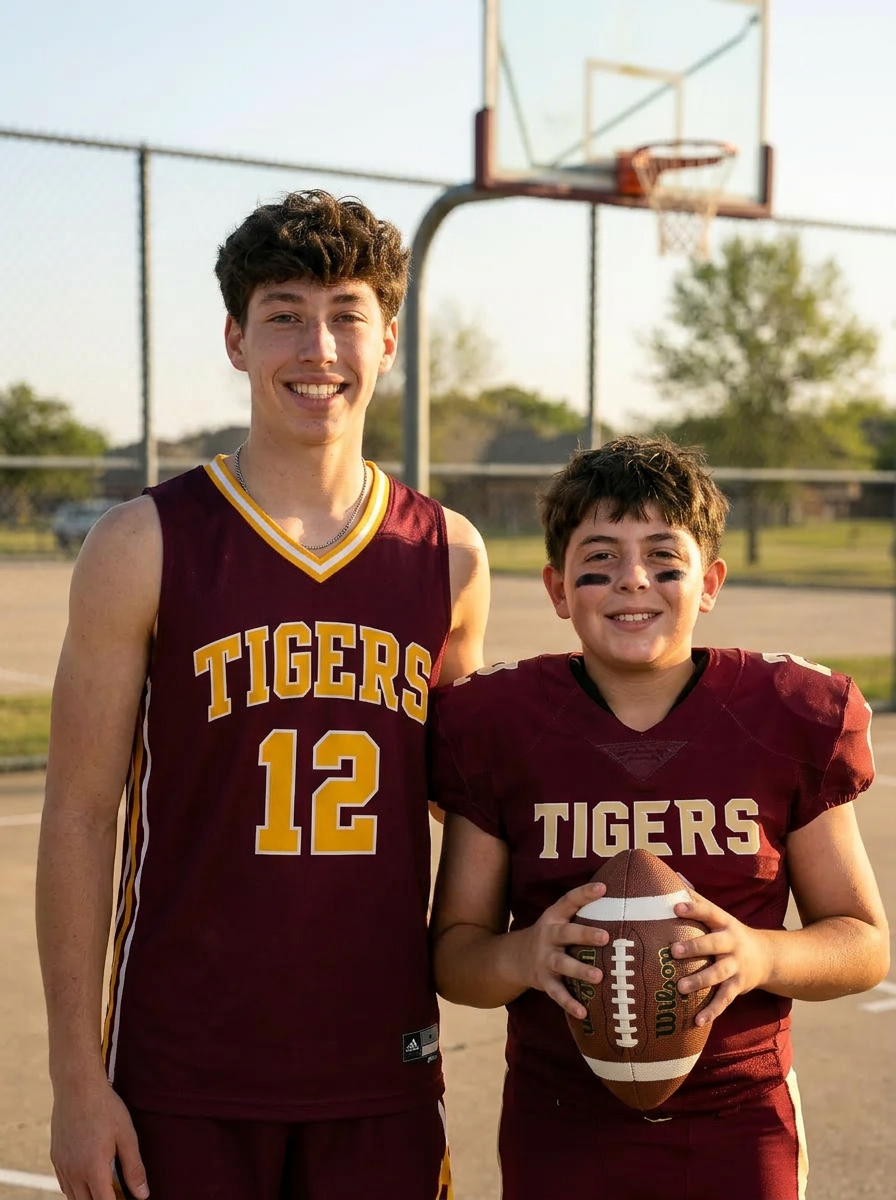 Connor and Logan Owens standing together on the basketball court