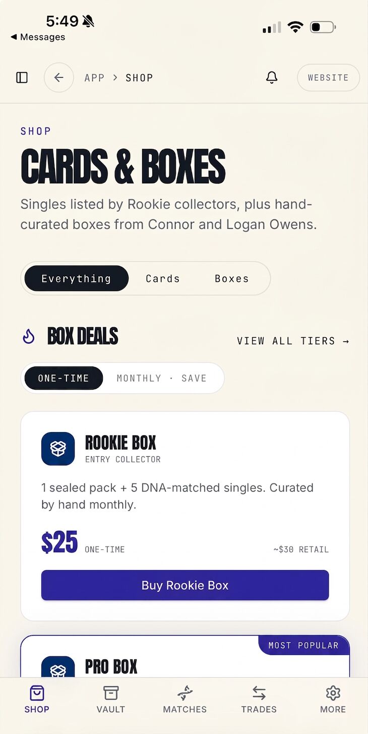 Rookie Shop mobile app screen showing cards and box deals