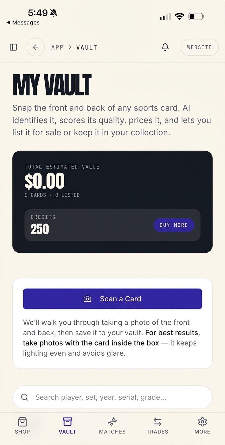 Rookie Vault mobile app screen showing collection value, credits, and card scanning